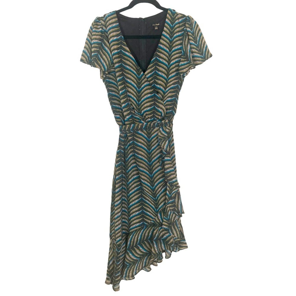 Feathery Pattern Dress w/ Plunge Neck Ruffle Sleeves - Size 7 - Teal/Gold/Black